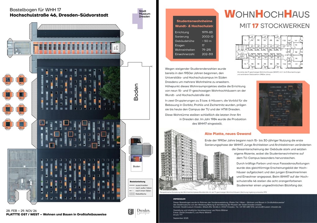 Bastelbogen für einen sanierten Plattenbau des Typs WHH17 (Wohnheim in der Südvorstadt) und informative Rückseite, Stadtmuseum Dresden